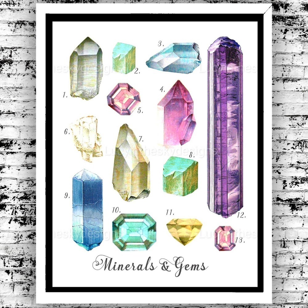 Crystals Minerals and Gemstones Science Illustration Art Print 8.5x11
